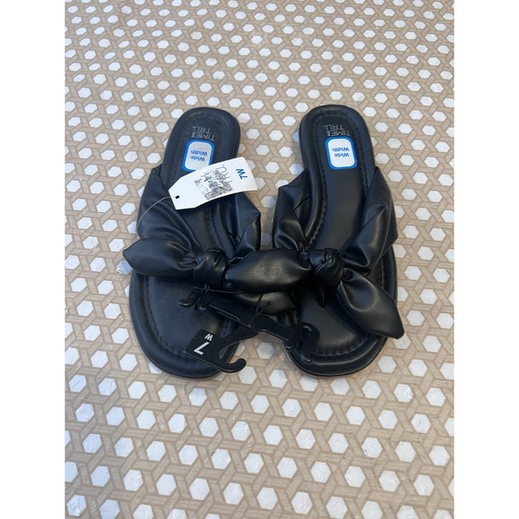 Time and Tru Shoes - Black Sandal Flat Slides Faux Leather‎ Bow Thong Memory Foam Cushion Size 7W